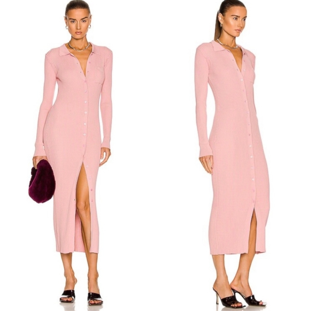 STAUD • Napa Ribbed Knit Button Front Midi Dress in Blush Pink | Collared Slit